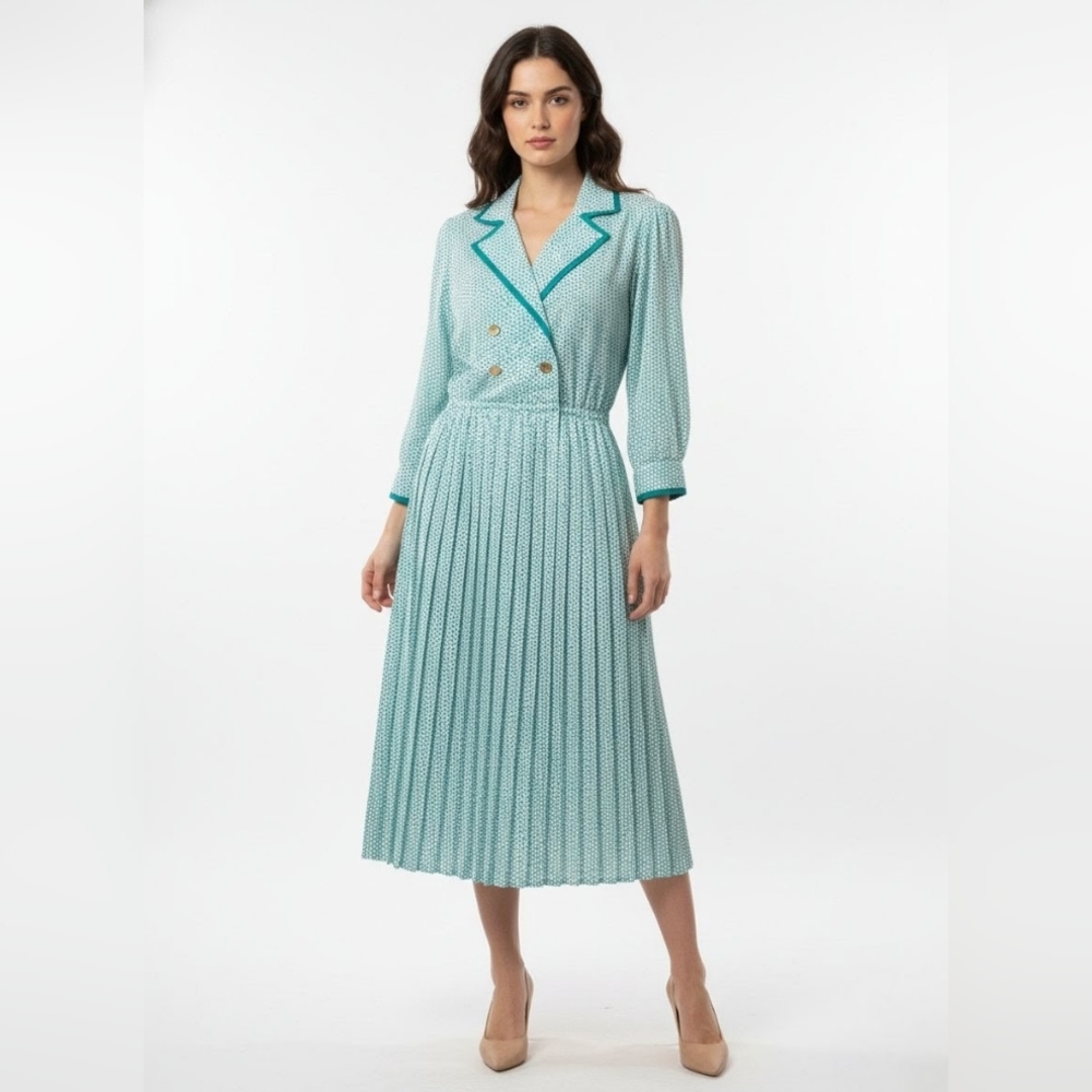 VTG Schrader Sport Teal Abstract "Scribble" Pleated Midi Dress - Made in USA - 6